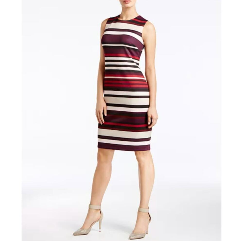 Calvin Klein Striped Scuba Sheath Dress Size 4 Sleeveless Knee Length NWT Defect
